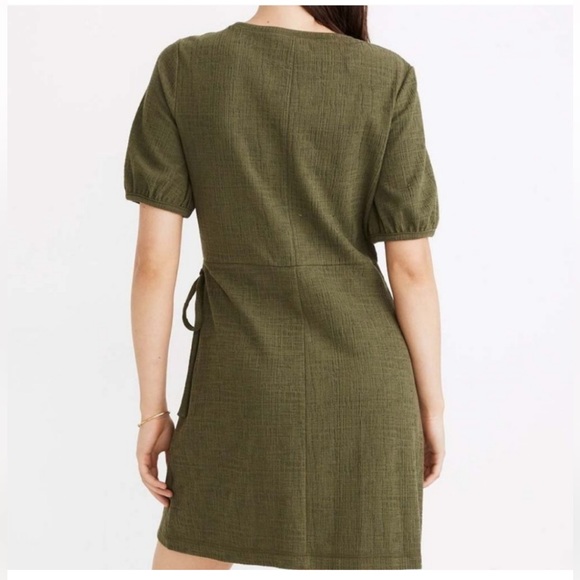 Madewell Crosshatch Puff-Sleeve Faux-Wrap Mini Dress Olive Green - Picture 3 of 11